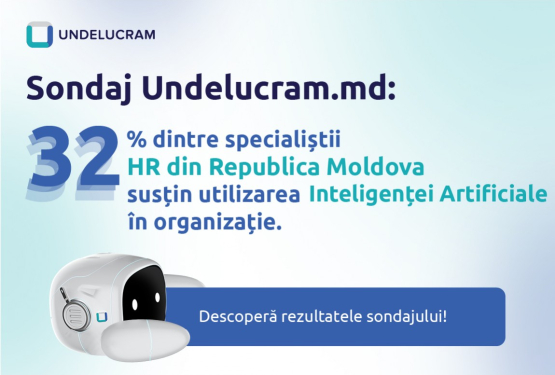 Sondaj regional Undelucram.ro: 32% dintre specialiștii HR din Republica Moldova sprijină utilizarea Inteligenței Artificiale în organizație.